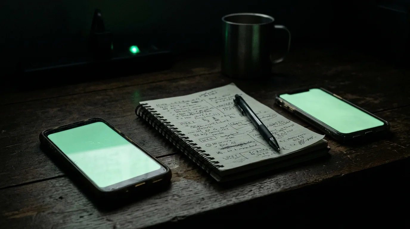 Floating phone screens showing blurred ad thumbnails in green light