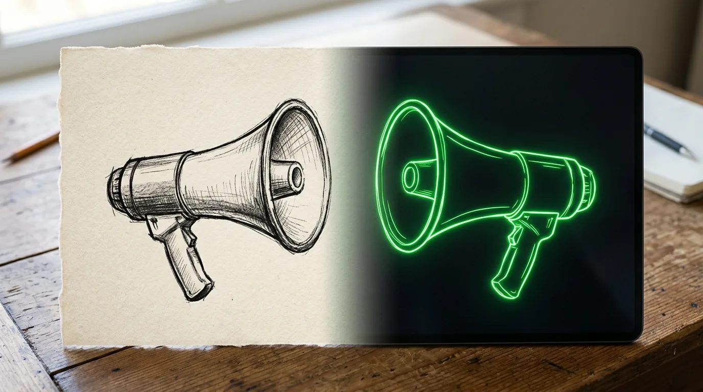A hand-drawn megaphone on paper turning into glowing green line art on a screen